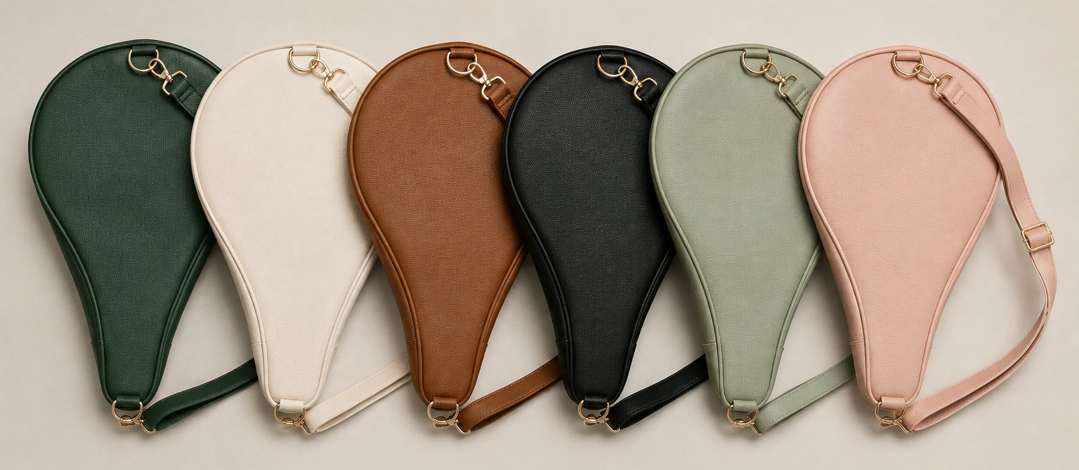 Six leather padel racket covers in forest, ivory, tan, black, sage and blush