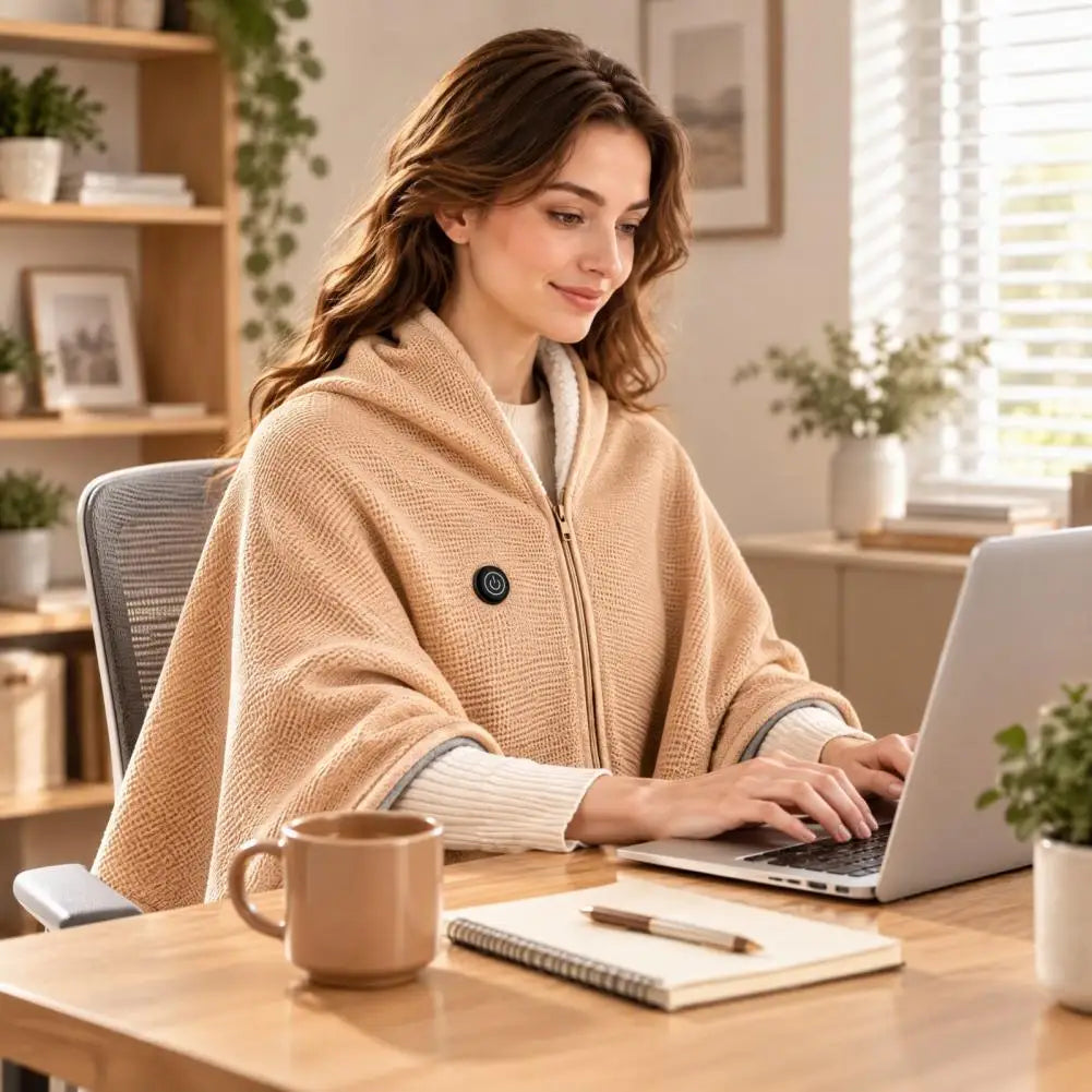 Calda heated wrap in beige, worn hands-free while working at a laptop