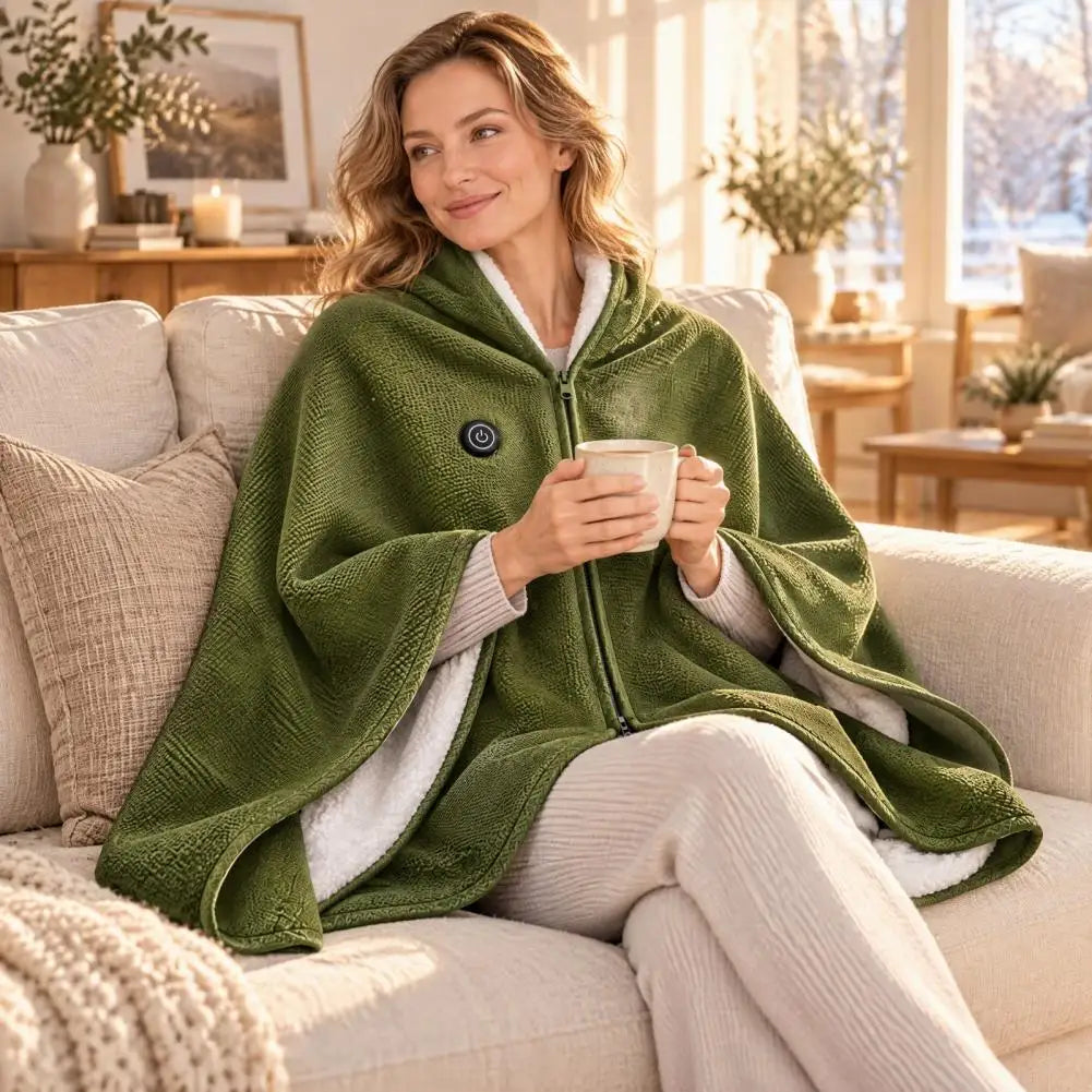 Calda heated wrap in green, worn on the sofa with a cup of tea